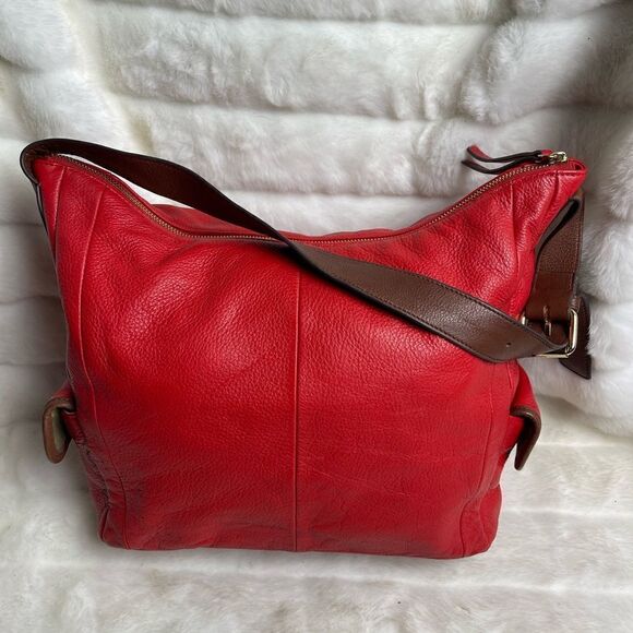 Isaac Mizrahi leather blood orange red shoulder bag with brown trims. - Picture 2 of 13